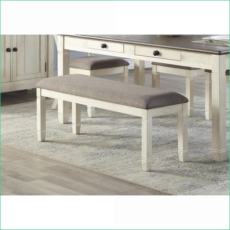 Dining Bench 48-Inch Farmhouse Solid Acacia & Pine Wood with Light Gray Textured Fabric Seat Off-White Finish for Kitchen/Dining | Antique White | Fabric
