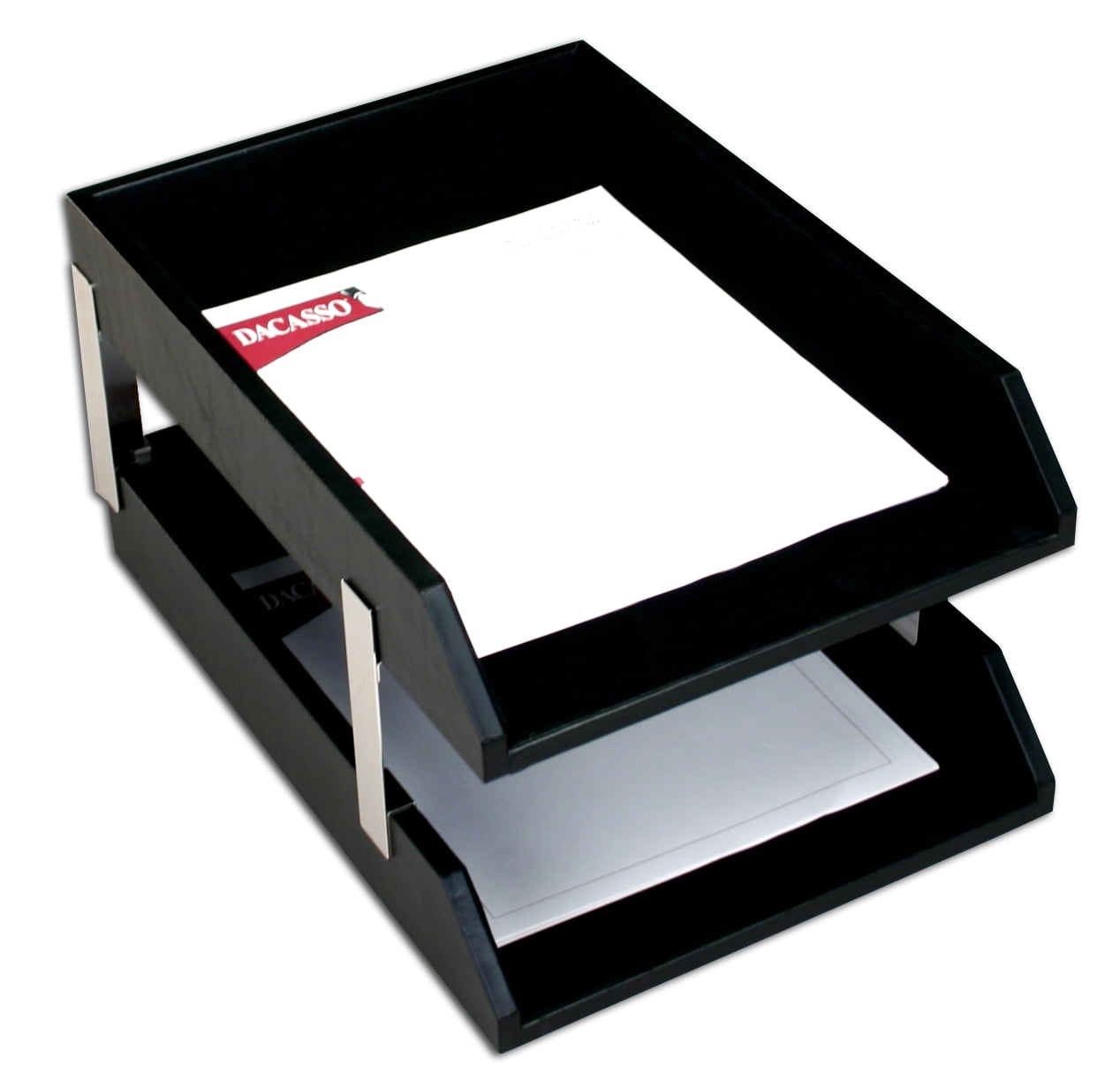 Classic Black Leather Double Letter Trays with Silver Posts