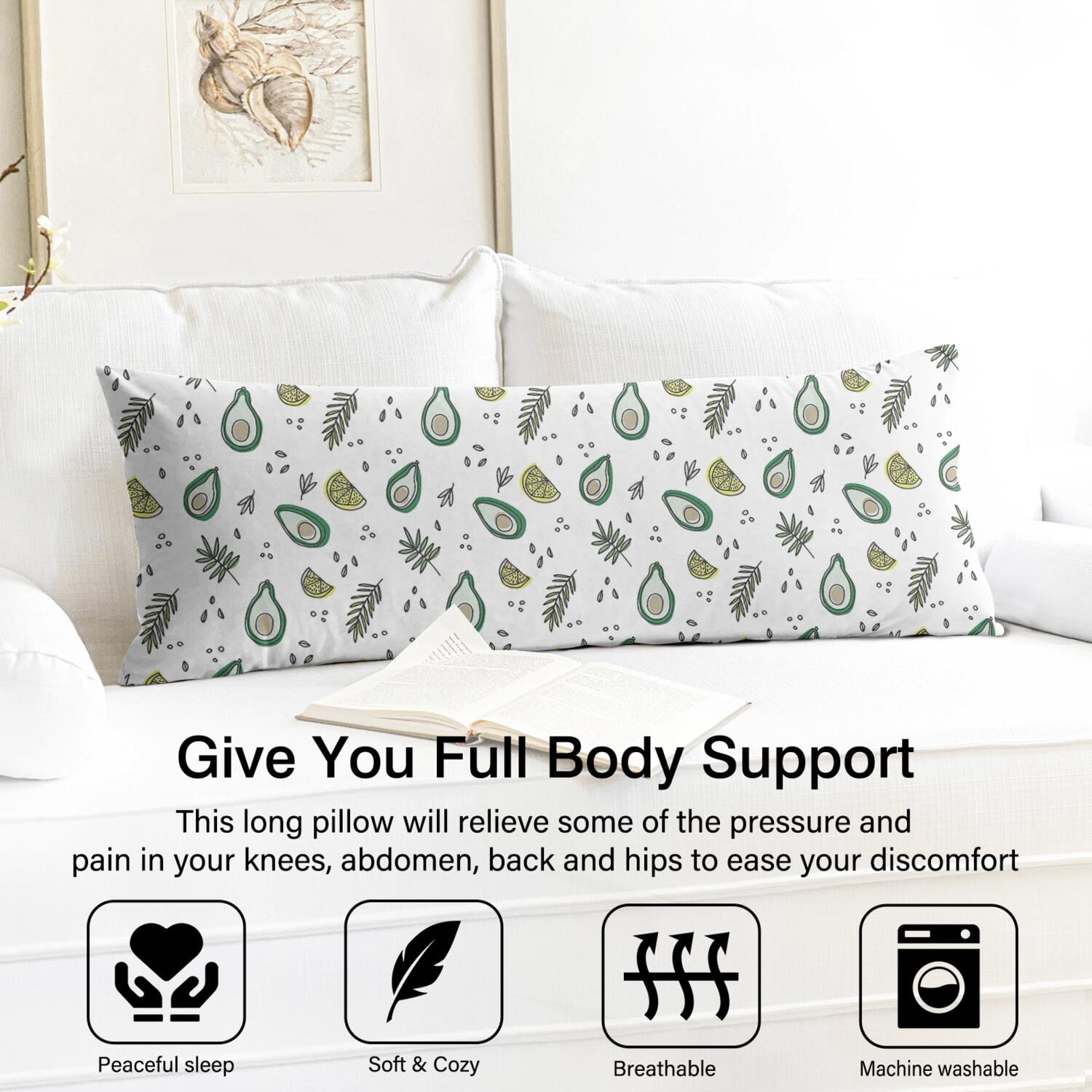 Avocado Art Body Pillow Cover 20x54 - Stylish Green Fruit Pattern Long Pillow Case with Zipper, Full Body Pillow Protector, Stretchy Durable & Machine Washable for Home & Office