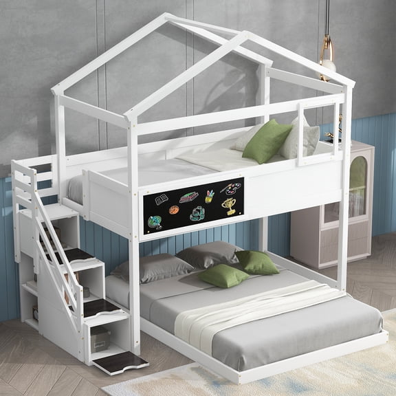 Harper & Bright Designs Twin over Full Bunk Bed with Storage Stairs and Blackboard, House-shaped Bunk Beds Frame with Roof and Window for Boys Girls Adults Bedroom, White
