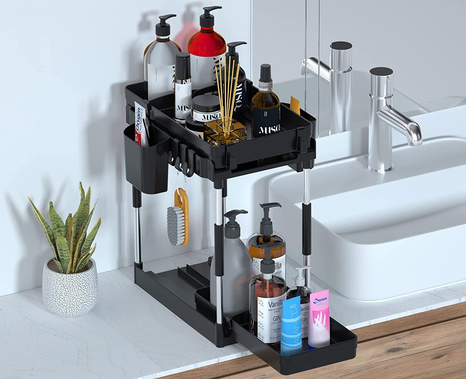 Double Sliding Under Sink Organizers and Storage - 2 Tier Pull Out Under Kitchen Cabinet Organizer w 2 Hanging Cup,6 Hooks,2 Dividers, Under Counter Sink Organization for Bathroom, Adjustable H and W