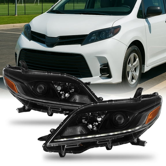 AKKON - Fits 2011-2020 Toyota Sienna Projector Black Headlights Pair Driver Passenger w/ LED DRL Running Lamp