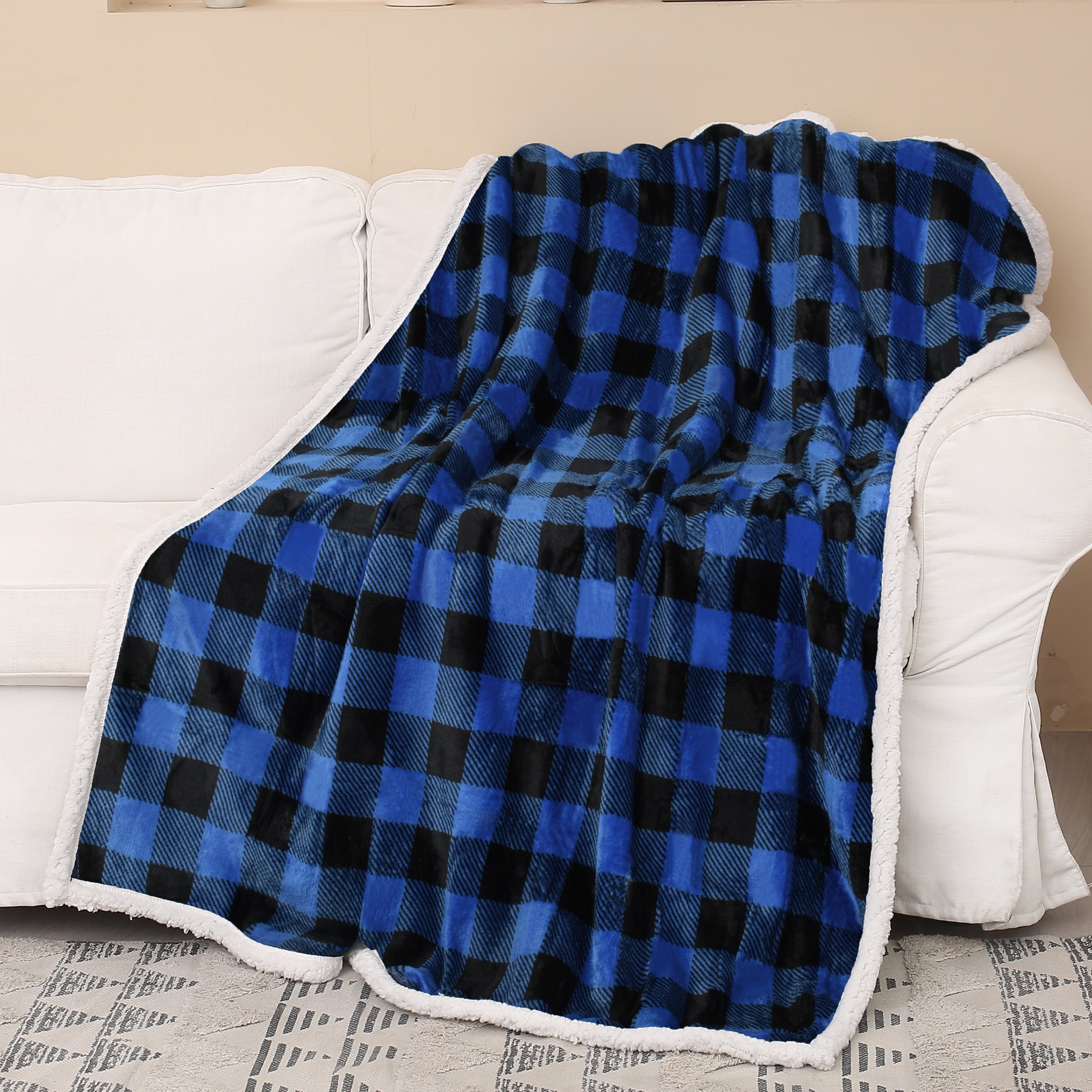 Catalonia Buffalo Plaid Sherpa Throw Blanket, Super Soft Reversible Fleece Blanket for Cabin Bed or Couch, Blue Plaid, 50"" x 60"".