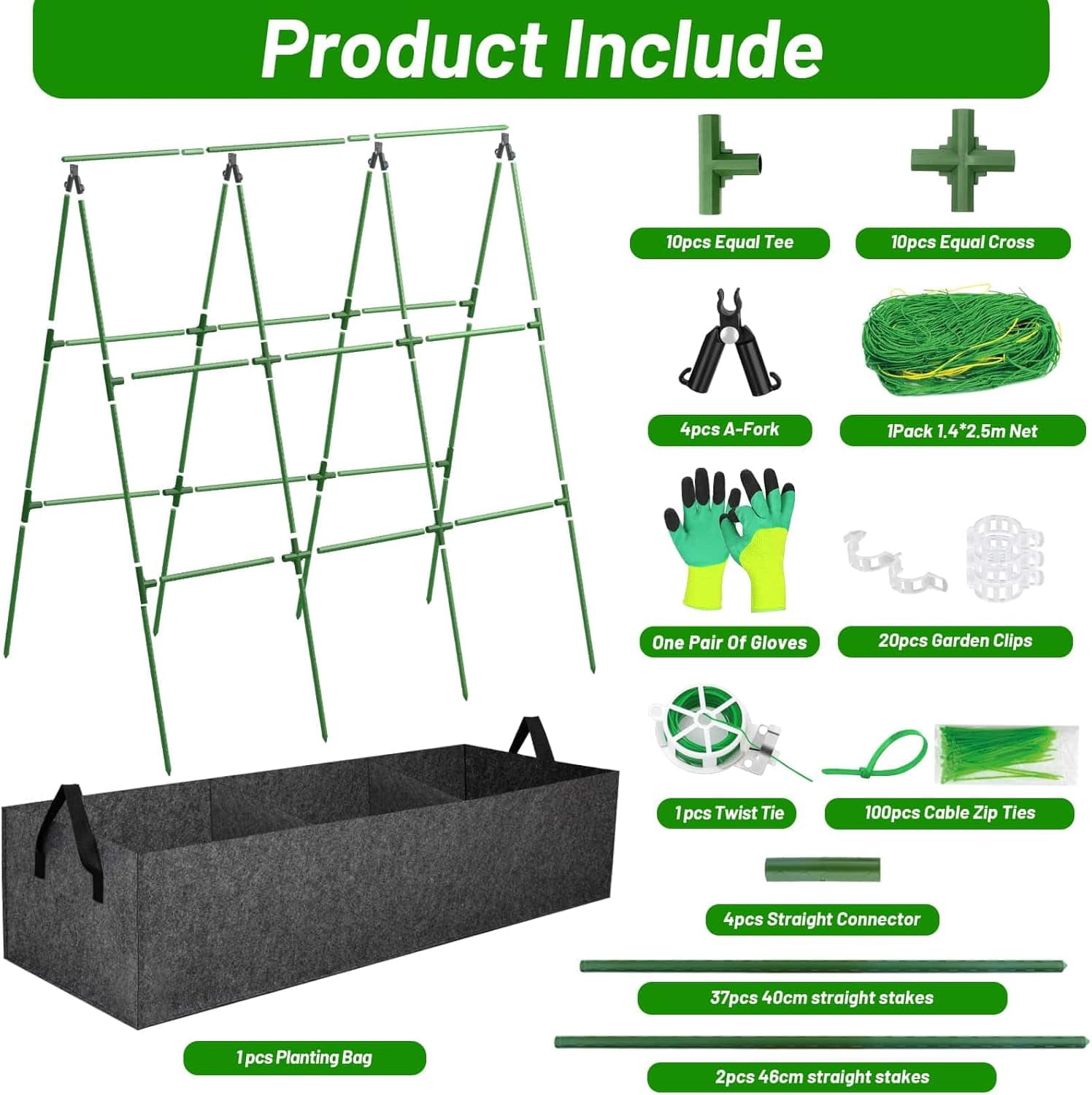 Cucumber Trellis with  Gallon Grows Bag, 50 x 54 Inches A Frame Outdoor Greenhouse Trellis and Fabric Raised Bed, Climbing Net and Plant Support Clips for Bean Climbing Plants