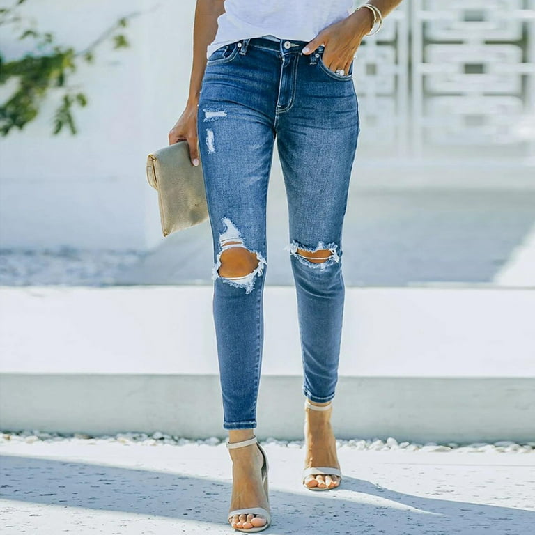 Olyvenn Hole Flare Pants Denim Jeans Women's Plus Skinny Slim Fit