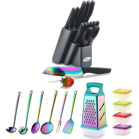 

KYA25 Dishwasher Safe Rainbow Titanium Kitchen Knife Block Set with Rainbow Utensil Sets and Rainbow Titanium Box Grater
