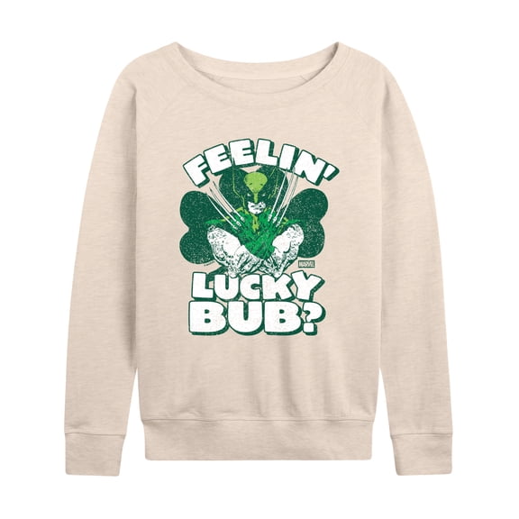Marvel - Feelin Lucky Bub Women's Lightweight French Terry Wide Neck Long Sleeve Graphic Shirt