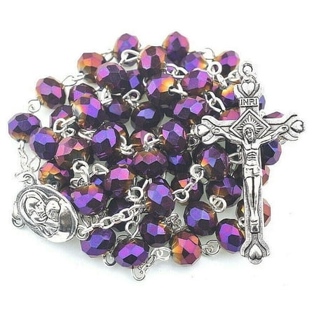 Deep Purple Crystal Beads Rosary Necklace Catholic Cross Crucifix Holy Soil