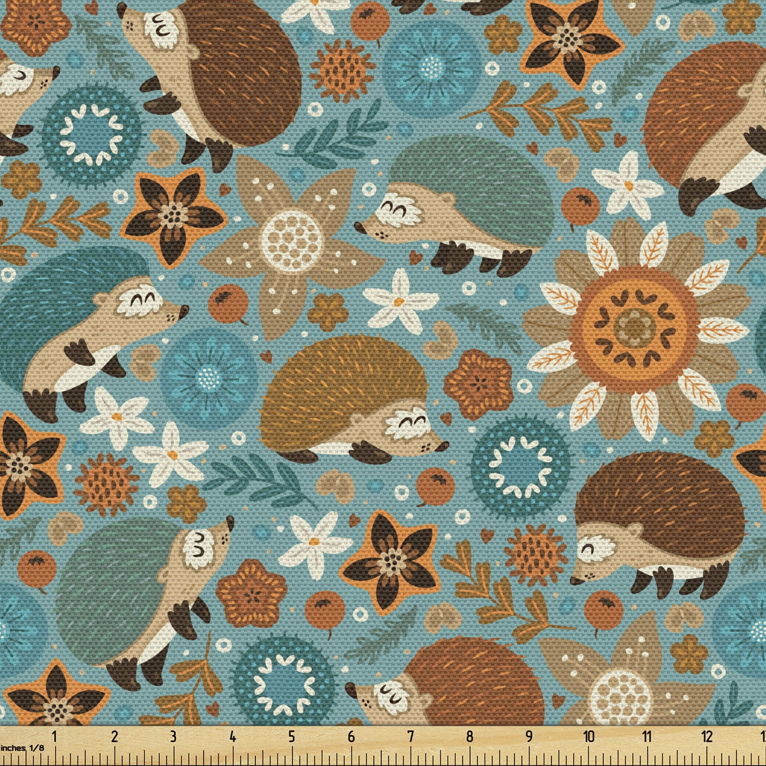 Cartoon Fabric by the Yard, Hedgehogs and Flowers with Ornamental