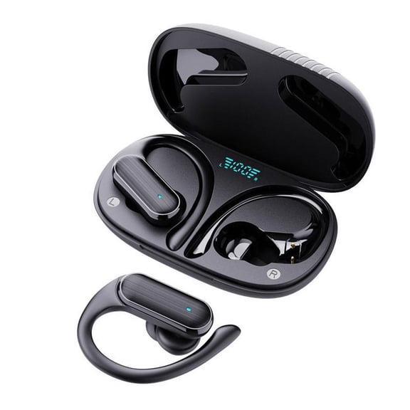 Over Ear Earbuds with Earhook, Open Ear Headphones, Wireless Headphones with Smart Digital Display & Mic for Waterproof Touch Control Operate Cycling Running - Black