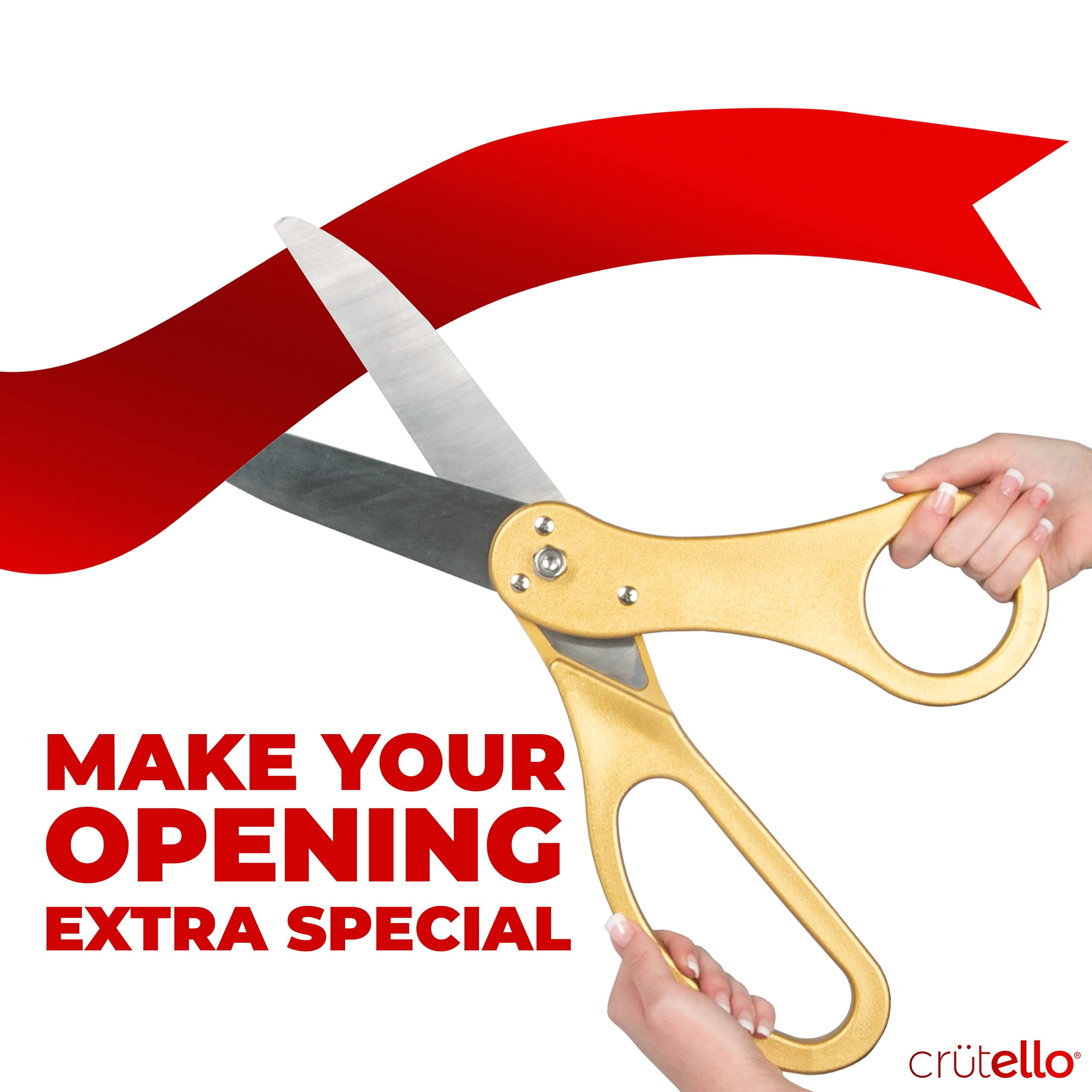 Crutello Giant Ribbon Cutting Ceremony Kit 20" Giant Scissor Set with Sharp, Gold Handled Durable XL Scissors, and 30 Feet of Oversized 4" Wide Red Ribbon