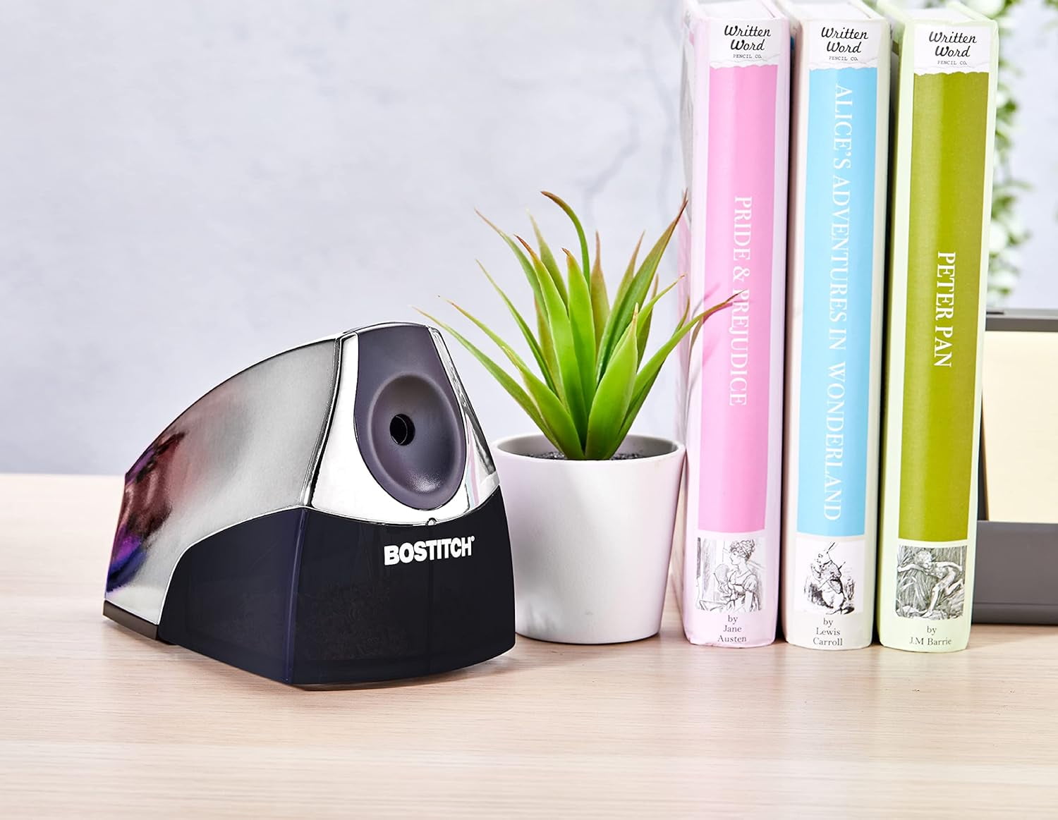 Office Electric Pencil Sharpener for Classroom & Desk Use, Heavy-Duty Stall-Free Motor, High-Capacity Shavings Tray, Chrome