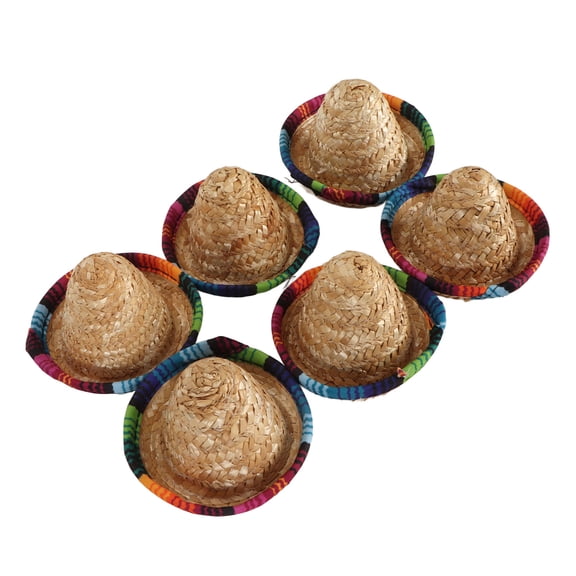 YAHHU 6Pcs Mini Sombrero Straw Hats 3.7 inches / 9.4 cm Mexican Style Wide Rim Bright Colors Party Hats for Decoration DIY Fiestas and Pet Costumes
