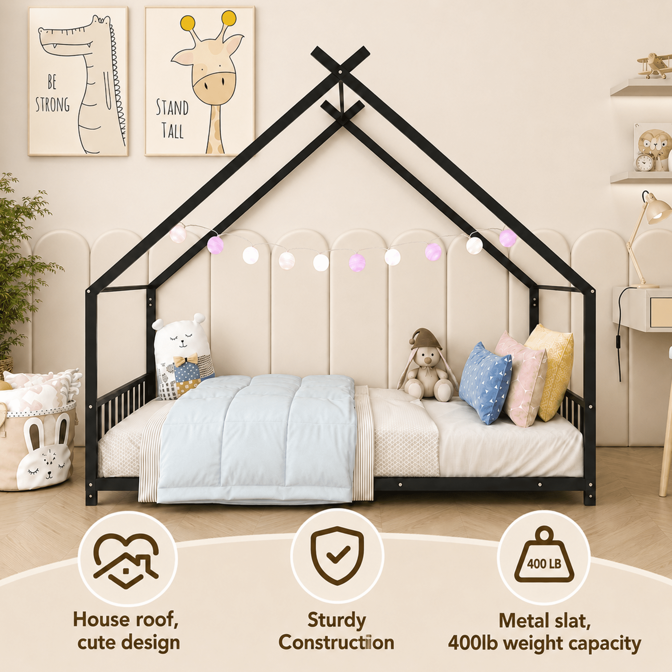 SESSLIFE Twin-Size House Bed, Metal Twin Platform Bed Frame, House-shaped Design, Tent Bed with Roof and Chimney for Bedroom, No Box Spring Needed, Easy Assembly,Black