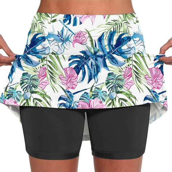 LEBONYARD 2025 Clearance Clothes,Women's Elastic Waistband Yoga Skirt with Shorts,Women's Summer Flower Print Pleated Tennis Skirts Stretchy Yoga Fake Two Piece Shorts Skirt Blue S