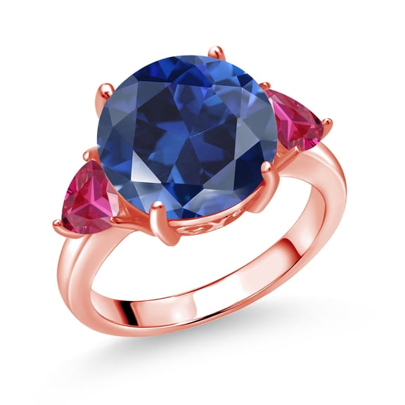 Gem Stone King 18K Rose Gold Plated Silver Blue Simulated Sapphire and Red Created Ruby 3-Stone Ring for Women (6.86 Cttw, Round 12MM, Trillion 5MM, Size 9)