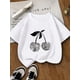 thumbnail image 1 of Camiseta de verano suave y elástica para mujer con estampado de cerezas brillantes - Cuello redondo informal, manga corta para actividades al aire libre, ropa informal de verano |, 1 of 5