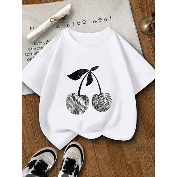 Camiseta de verano suave y elástica para mujer con estampado de cerezas brillantes - Cuello redondo informal, manga corta para actividades al aire libre, ropa informal de verano |