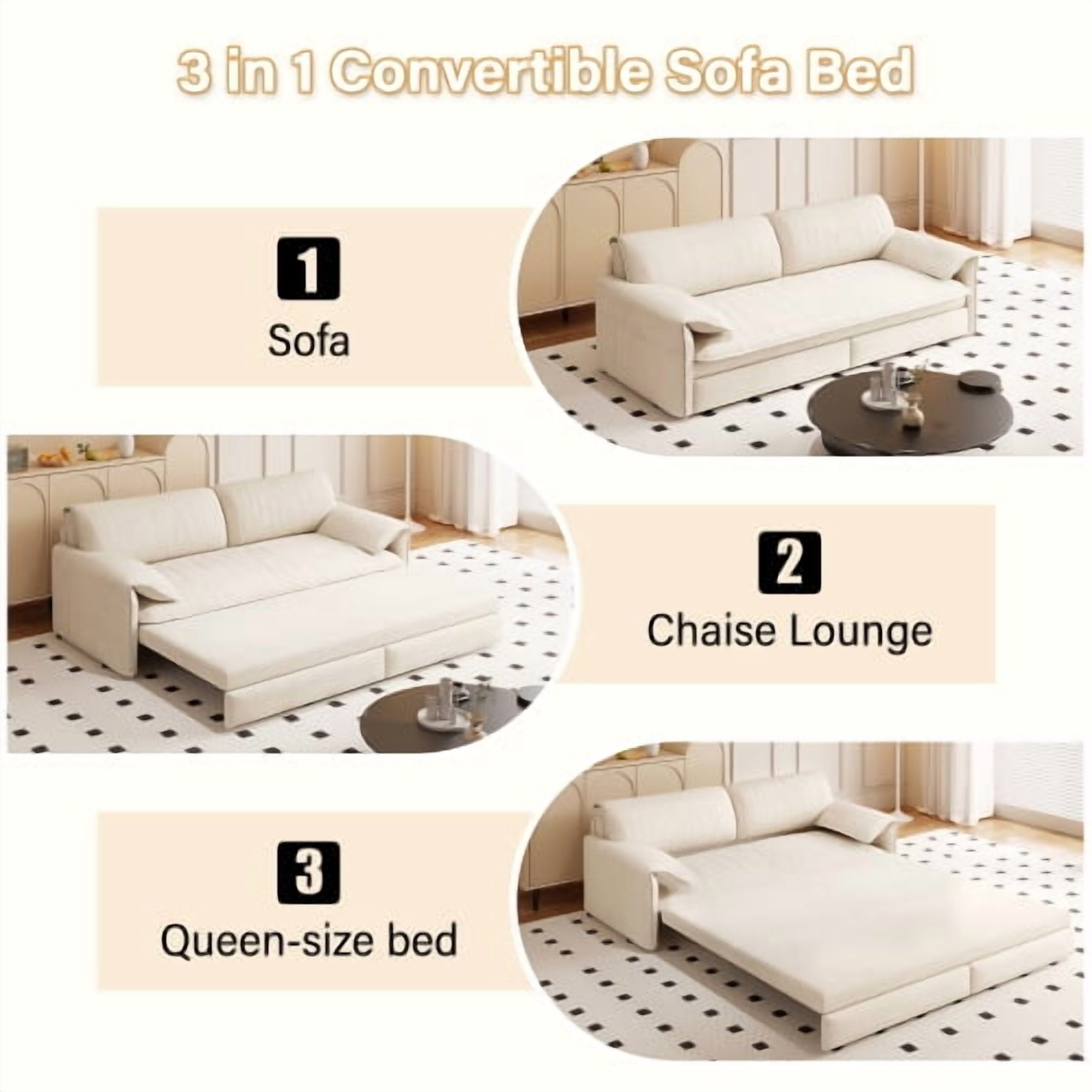 66" Queen Pull Out Sofa Bed, 3-in-1 Convertible Velvet Sleeper Sofa with Side Storage, Loveseat Bed for Living Room, Beige