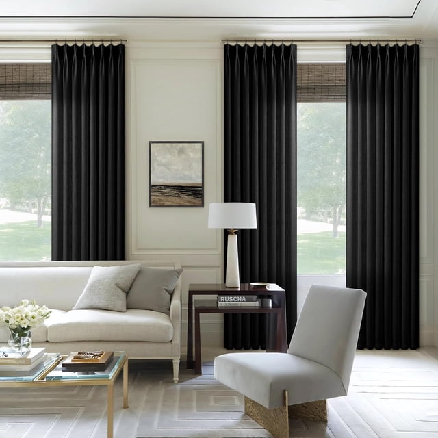 Black Linen Semi Sheer Curtains 96 Inches Long for Living Room Bedroom Light Filtering Black Textured Burlap Pinch Pleated Curtains 96 Length Hooks Rings Back Tab for Sliding Glass Door 1 Panel 50x96