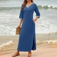 thumbnail image 5 of gakvbuo Maxi Dress For Women With Pockets Boho Summer Dresses 3/4 Sleeve V Neck Long Beach T-Shirt Dress With Side Split Bottom Sundress Travel Vacation Outfits, 5 of 9