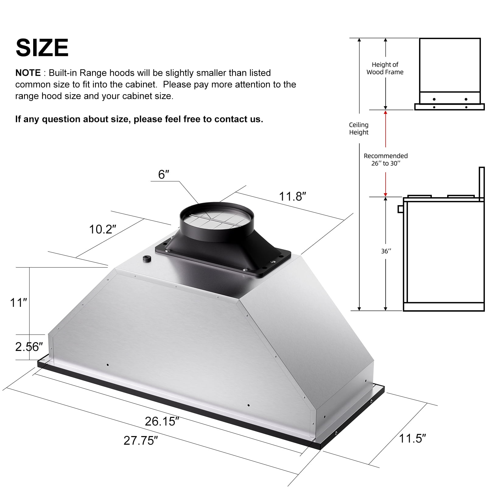 36 In. 900 CFM Insert Range Hood In Black Stainless Steel With Dishwasher Filter and LED Lights