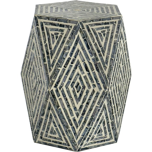 Accent Stool with Grey and White Geometric Capiz Inlay, Decorative End Table for Living Room, Bedroom, Dining Room, Entryway 18" Tall