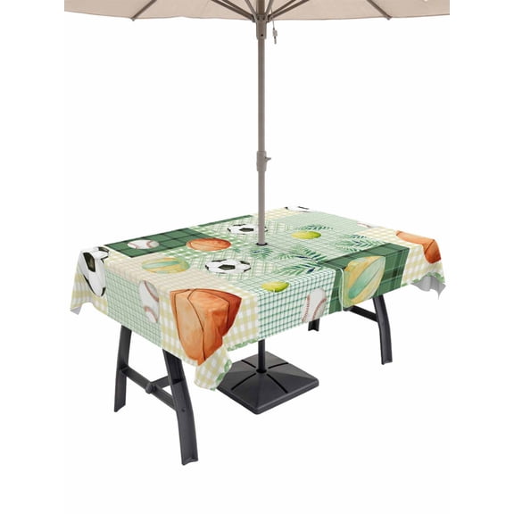 Outdoor Tablecloth with Umbrella Hole for Patio/Picnic/Party/Camping, Green Plaid Sports Waterproof Table Cloth Rectangle Table Cover Washable, Classic Sports Athletic Botanical (52"x 70")