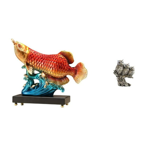 Estatua de arowana, figura de búho, adorno decorativo de resina con forma de animal para estante. Elegante detalle artístico, ideal para regalar o