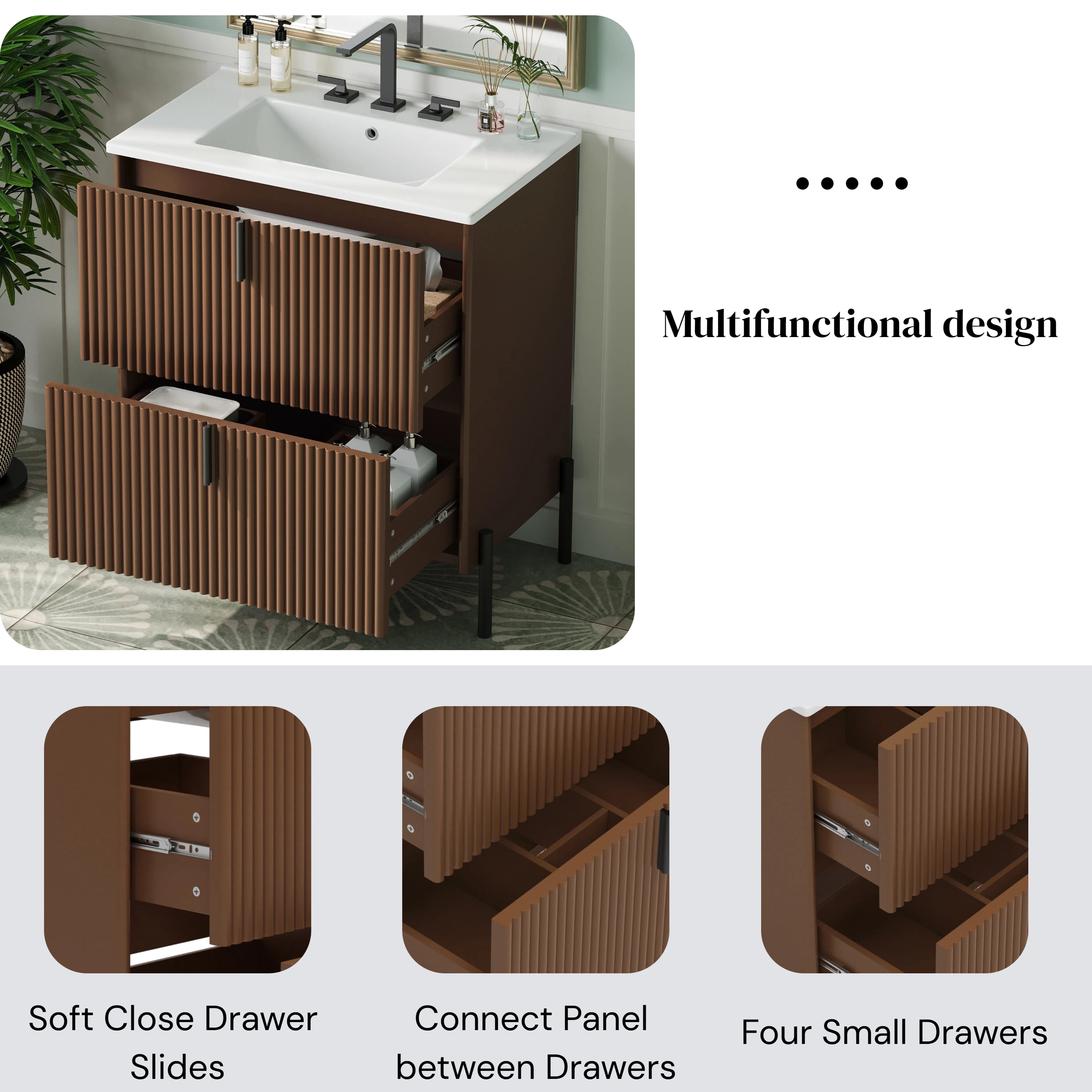 30" Fluted Design Modern Freestanding Vanity Cabinet, Modern Bathroom Cabinet with Soft Close Drawers, Freestanding Vanity with Ceramic Sink for Bathroom, Dark Brown