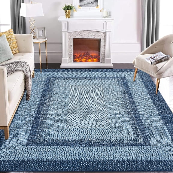 Washable Rug 8x10 Area Rugs for Living Room Modern Bedroom Rug Brown Printed Braided Large Area Rug Non Slip Throw Rugs Stain Resistant Carpet for Nursery Dining Room Grey Blue