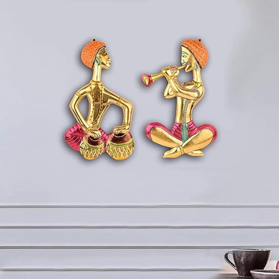Metal Musical Man Set Multicolor Decor Your Home,Office Walls,Rajasthani Musicians showpiece Figurines, Gift Article