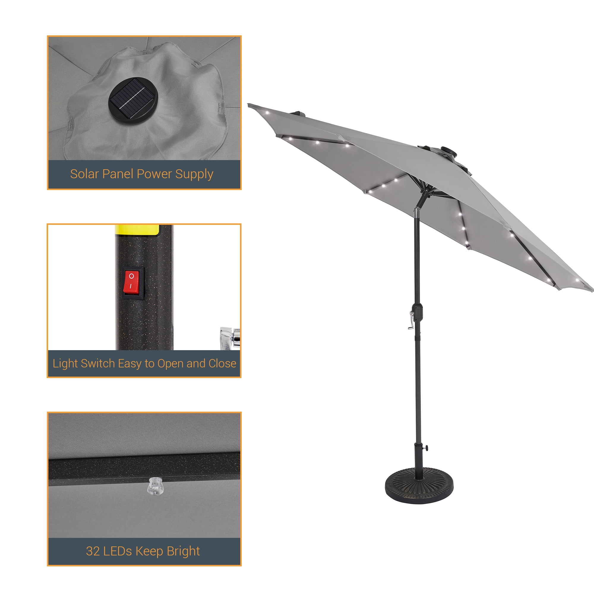 CHYVARY Outdoor LED 9Ft Patio Table Umbrellas with Solar Lights and Tile Button for Garden, Deck and Poolside,Gray