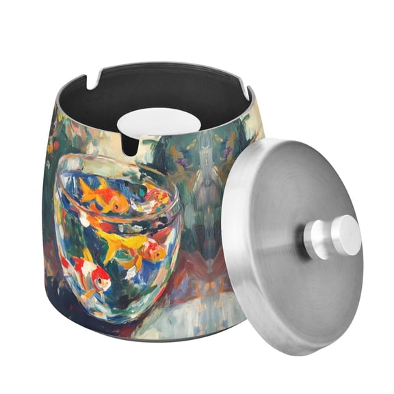 Yayeee Ashtray with Lid for Cigarette Smokeless Stainless Steel Home Ash Holder, Colorful Goldfish