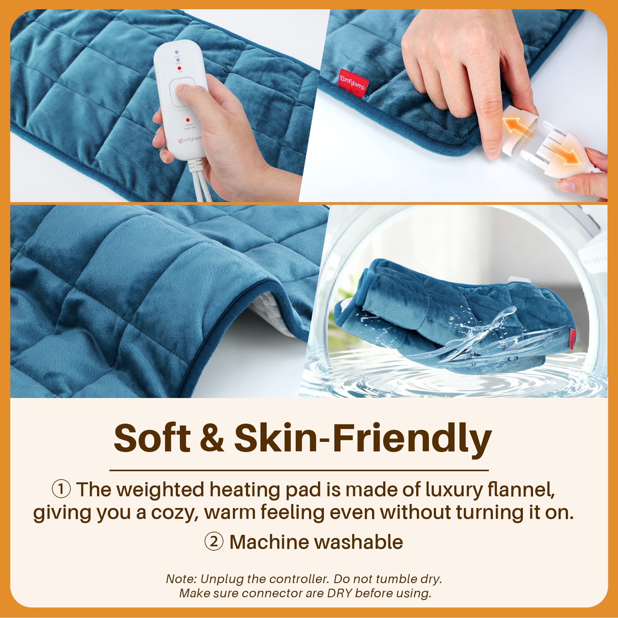 Comfytemp Weighted Heating Pad, 3 Heat Levels, Auto Shut Off, 12"x24", Blue