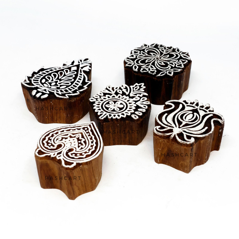 Hashcart Wooden Stamps Floral Design Textile Printing Block Hand Carved