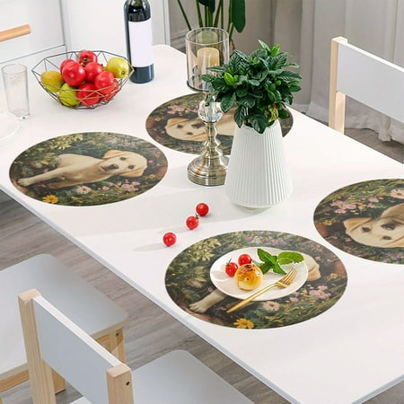 

Round Grid Placemat One Sizex4 Round Placemat PVC Plate Mat，15.4 Inch Non-Slip and Heat Resistant Table Placemat Dining Room Placemat Golden Cute Dog