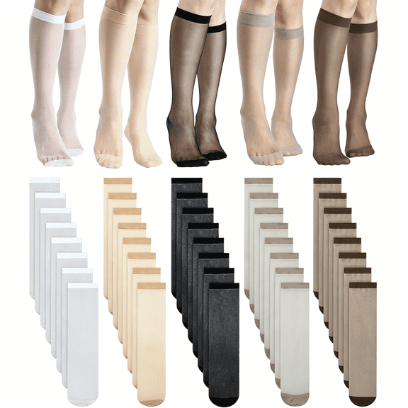 OQRKI 20 Pairs Knee High Stockings for Women Sheer Knee High Socks Nylon Socks,5 Colors
