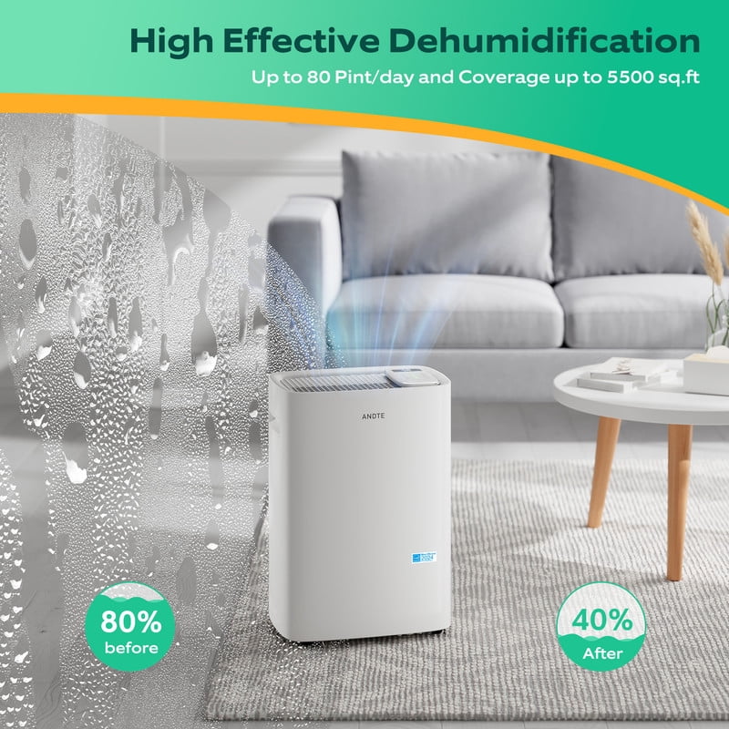 80 pt. 5500 sq. ft. Dehumidifier for Home, in. White with Bucket, Drain Hose