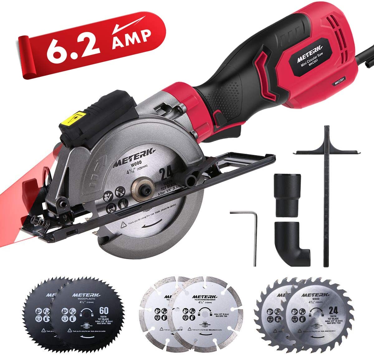 Meterk Mini Circular Saw, 6.2A Compact Electric Circular Saw with Laser Guide, 6 Blades, Max Cutting Depth 1-9/10''(90°), 1-1/4''(0°-45°) - image 1 of 6