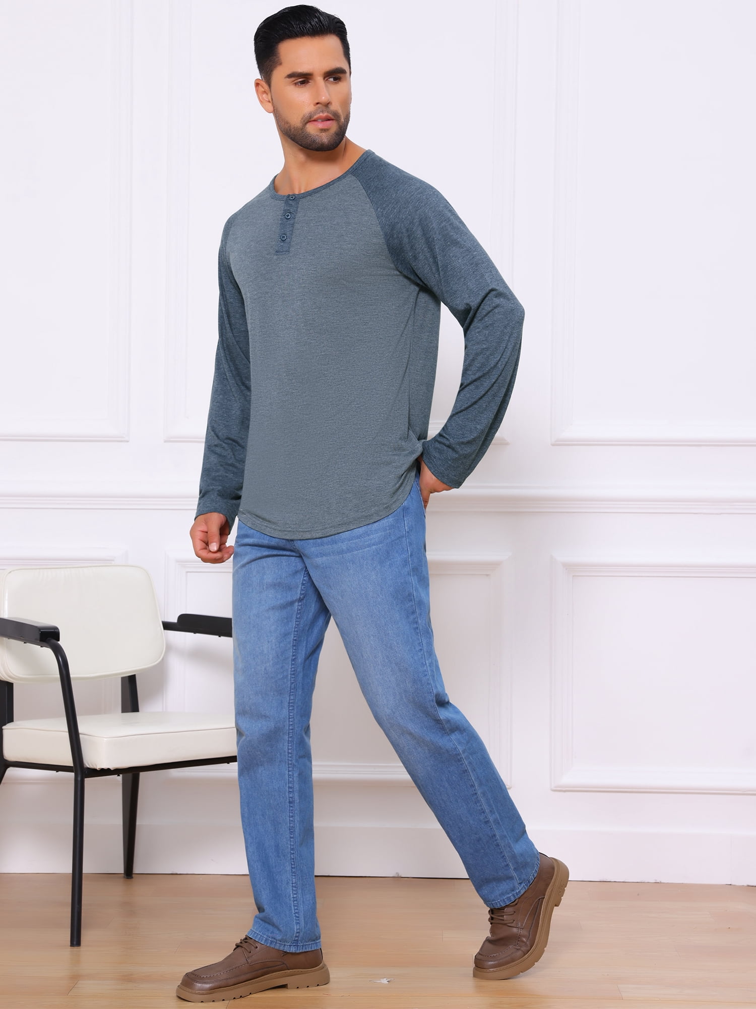 DARING DIVA Men's Raglan Long Sleeve Tee Shirt Baseball Henley T-Shirts 2XL Dark Blue
