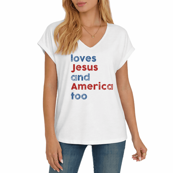 Cozymy Women's Loves Jesus and America Too Patriotic Graphic V-Neck Short Sleeve T-Shirt Casual Tee