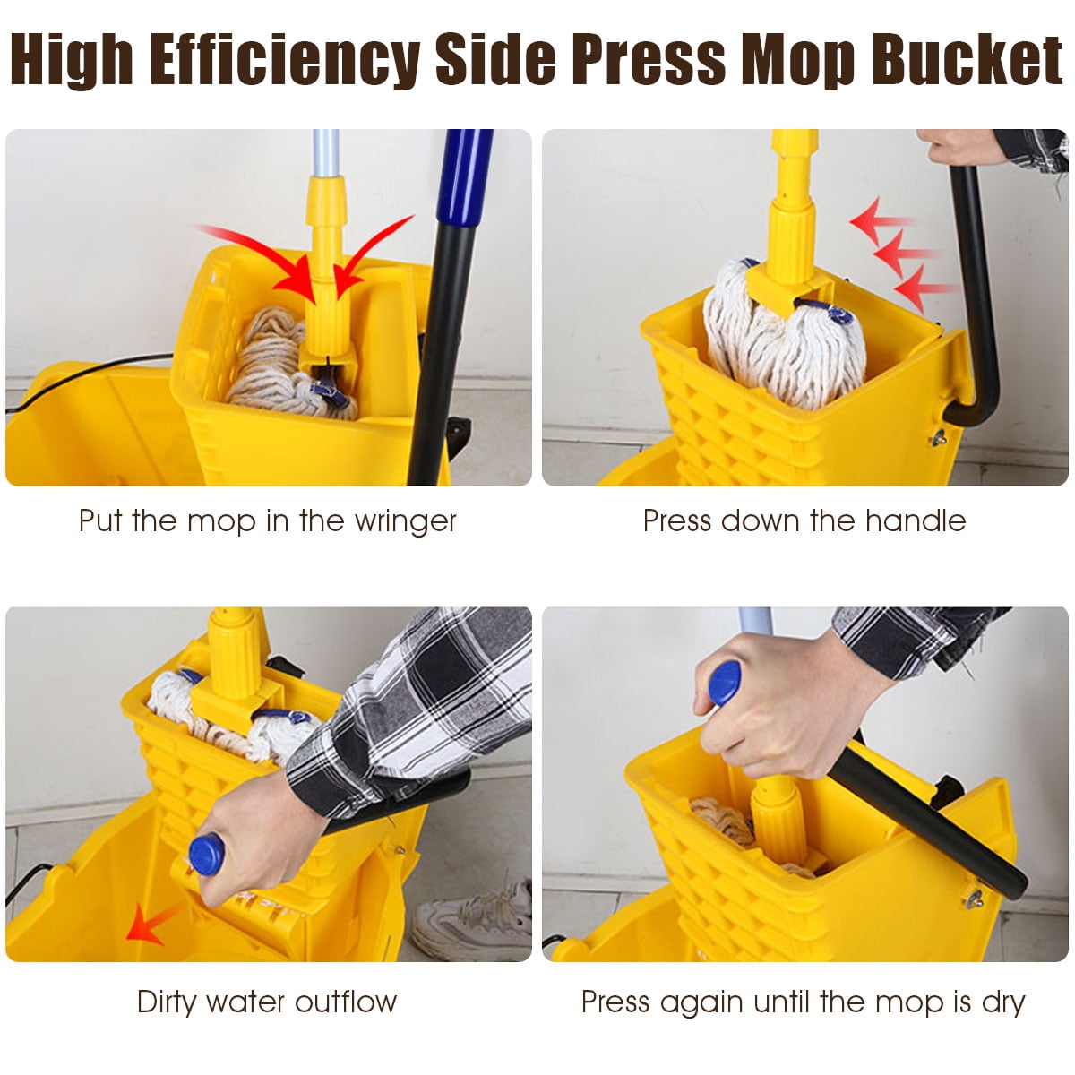 Costway Commercial Mop Bucket Side Press Wringer on Wheels Cleaning 26 Quart Yellow