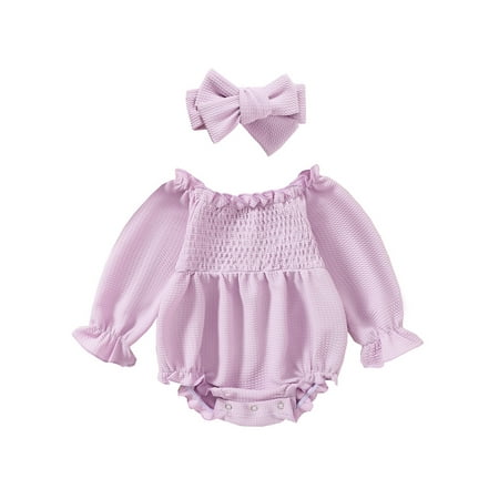 

One opening Baby Girls Romper Set Long Sleeve Off-shoulder Pleated Romper with Hairband Fall Outfit