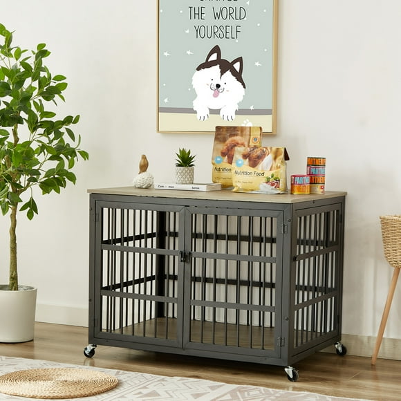 Furniture Style Dog Crate, Moveable Dog Cage Table with Wrought Iron Frame, Flip-Top Lid and Side Openings for Small and Medium Dog, Grey, 38.4''W x 27.7''D x 30.2''H