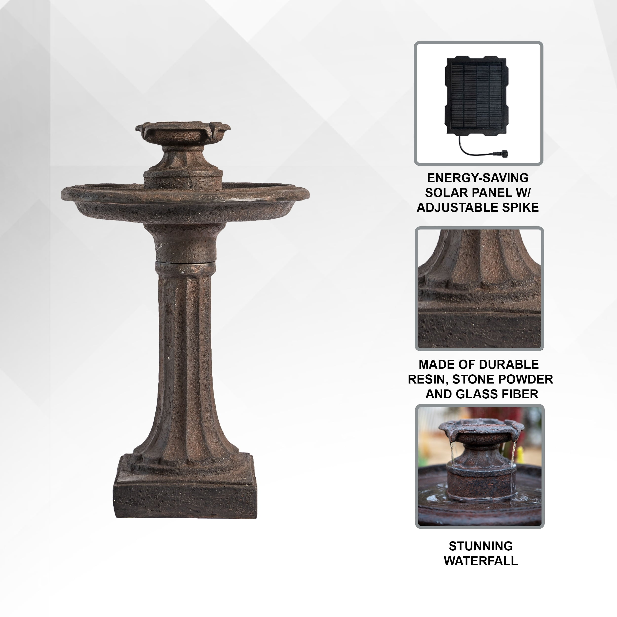XBrand 28" Solar Water Fountain, 1-Tier, Outdoor Birdbath, Brown Resin, With Solar Panel, Solar Pump for Home Garden Yard Décor