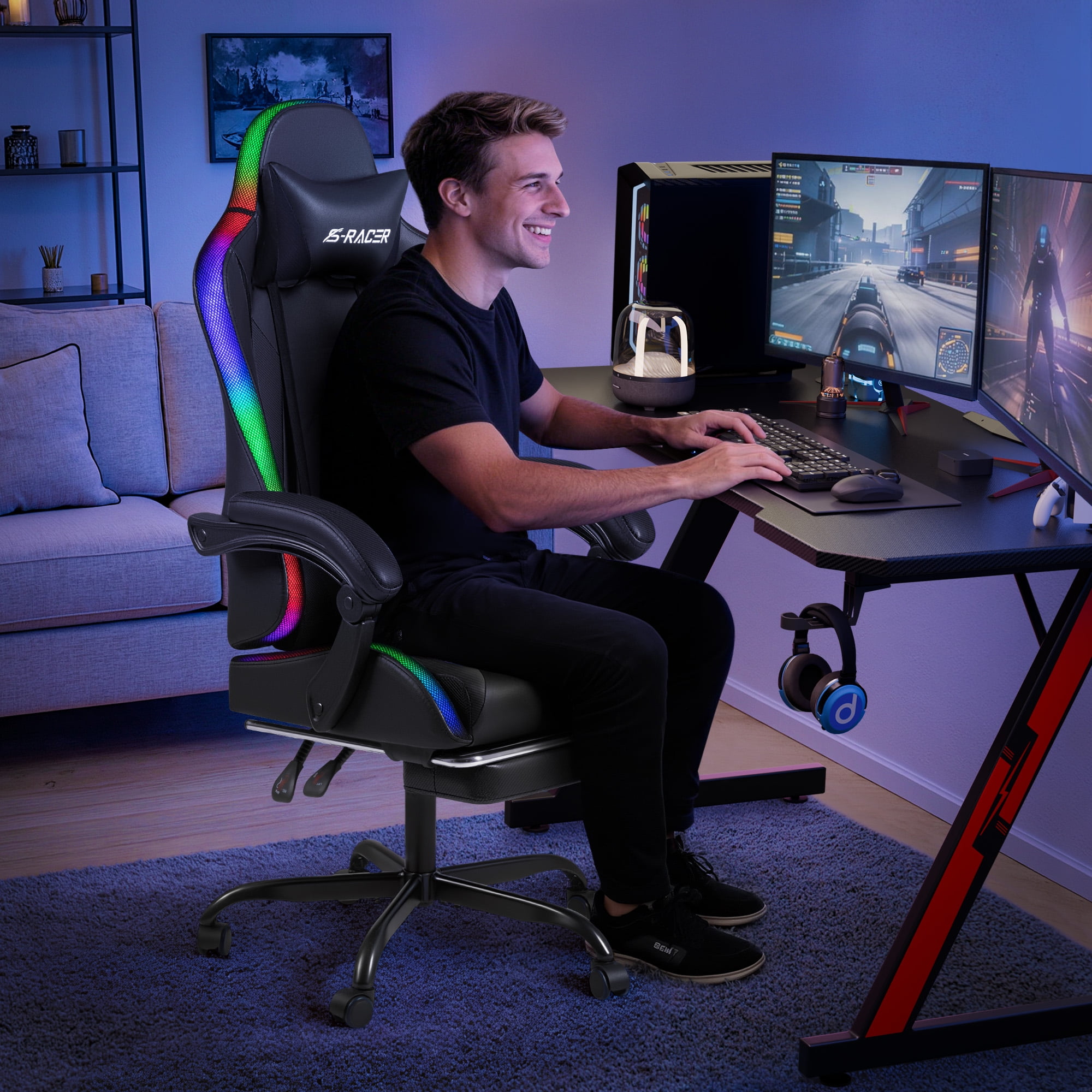 Homall RGB Gaming Chair Massage Reclining Racing Chair with APP & Remote Control, Audio Sync LED, Footrest & Headrest, Black