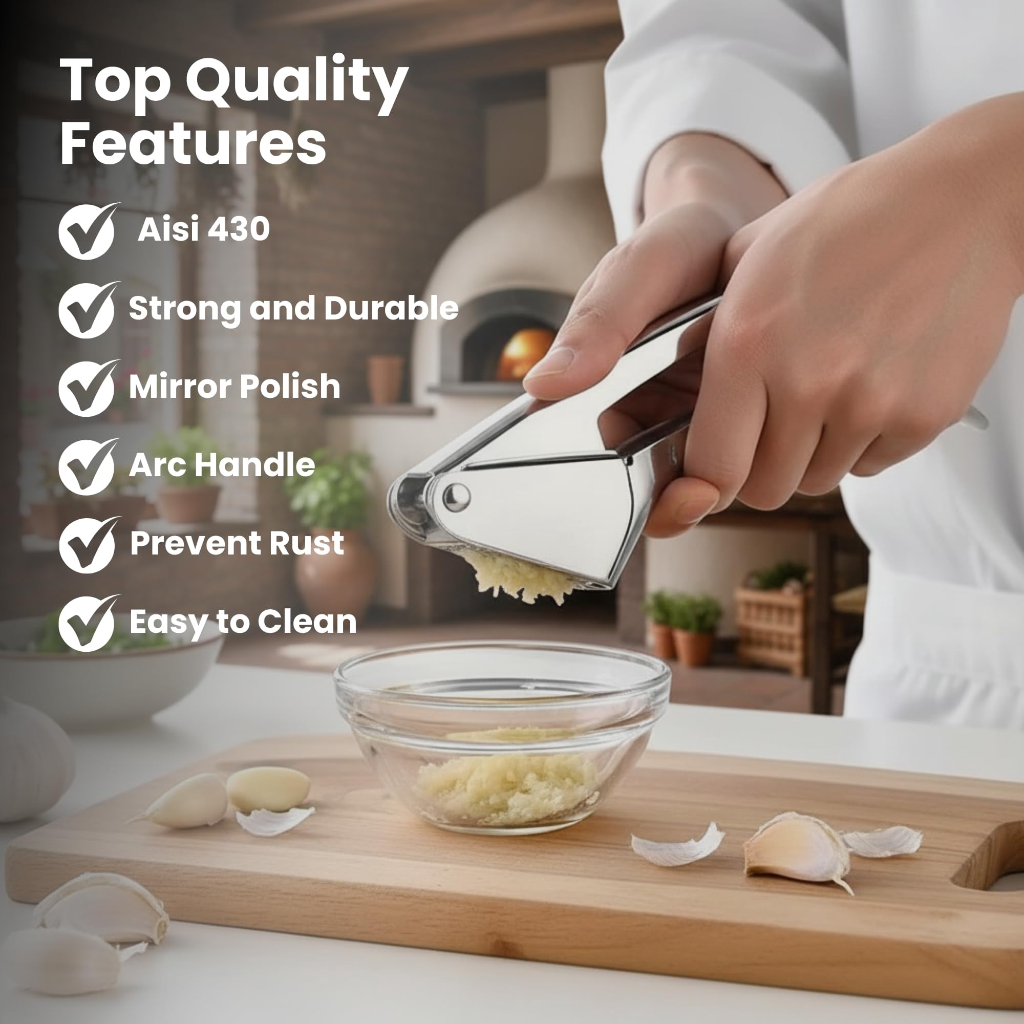Garlic Press Stainless Steel - Heavy Duty No-peel & Mincer  High Capacity Chamber Rust-free 304 Easy Clean Dishwasher Safe Clove Hand