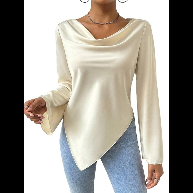 Blusas de Mujer con Cuello Vuelto, Larga, para Profesora, Oficina, Negocios, Elegantes, Informales Albaricoque S