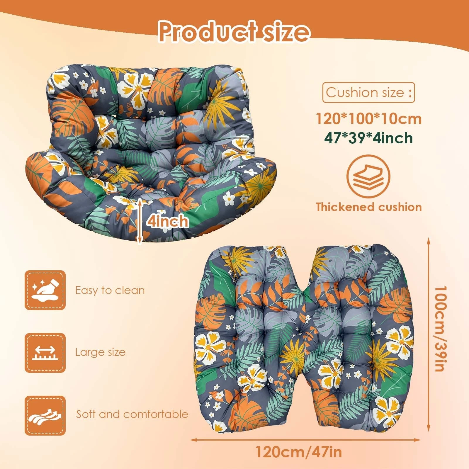 TOPCHANCES Egg Chair Cushion Only, Water-Resistant Outdoor Rocking Chair Cushion, Thick Papasan Seat Cushion with Ties for Patio, Porch, Balcony, Garden (Autumn)